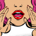 Comic book girl in pop art style. Emotional pretty woman trying to tell or announcing secret message. Beautiful lady keeping hand near her mouth.